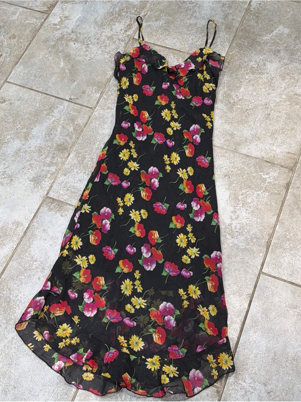 90’s Vintage Floral Crinkle Ruffle Slip Dress Size Medium Chesley Made In USA